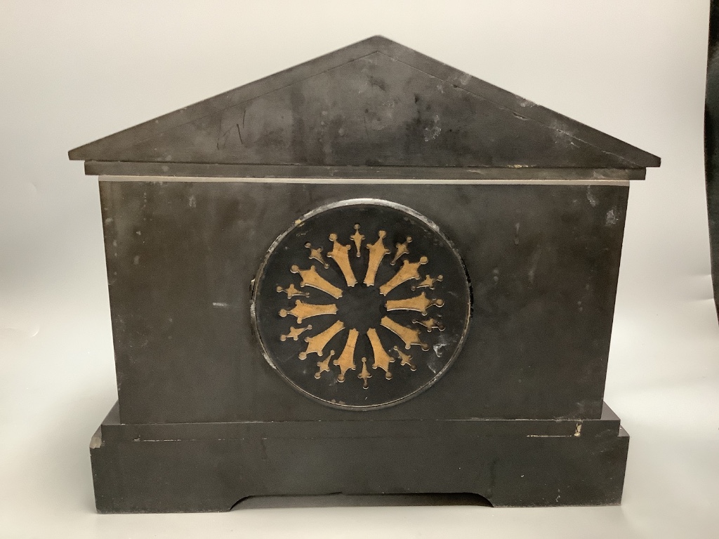 Two French black slate mantel clocks, tallest 27cm